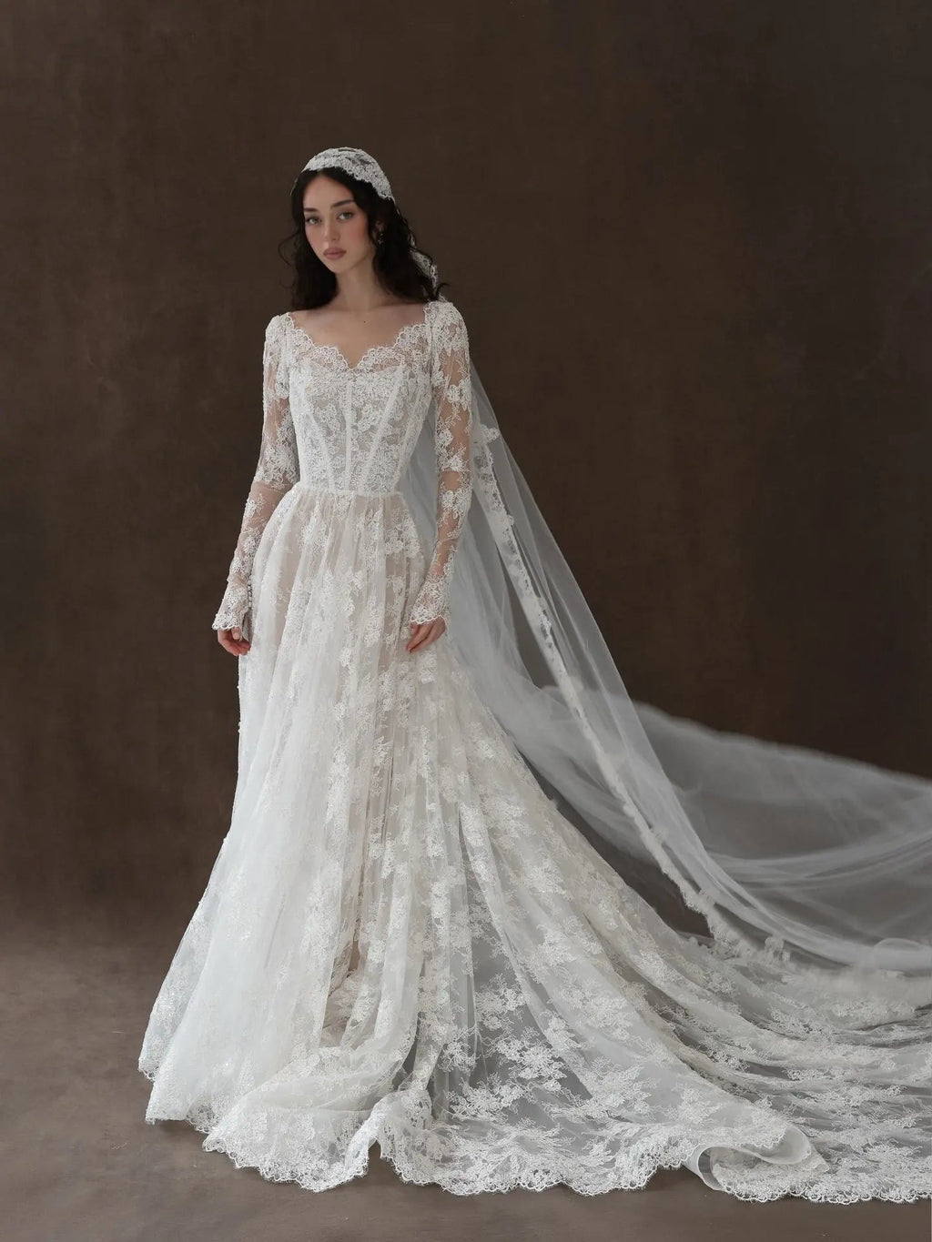 Whimsical Ivory Lace V-Neck Long Sleeve Wedding Dress with Veil SW276