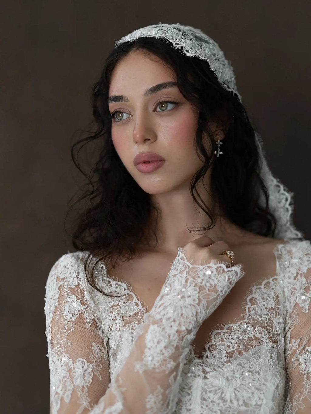 Whimsical Ivory Lace V-Neck Long Sleeve Wedding Dress with Veil SW276