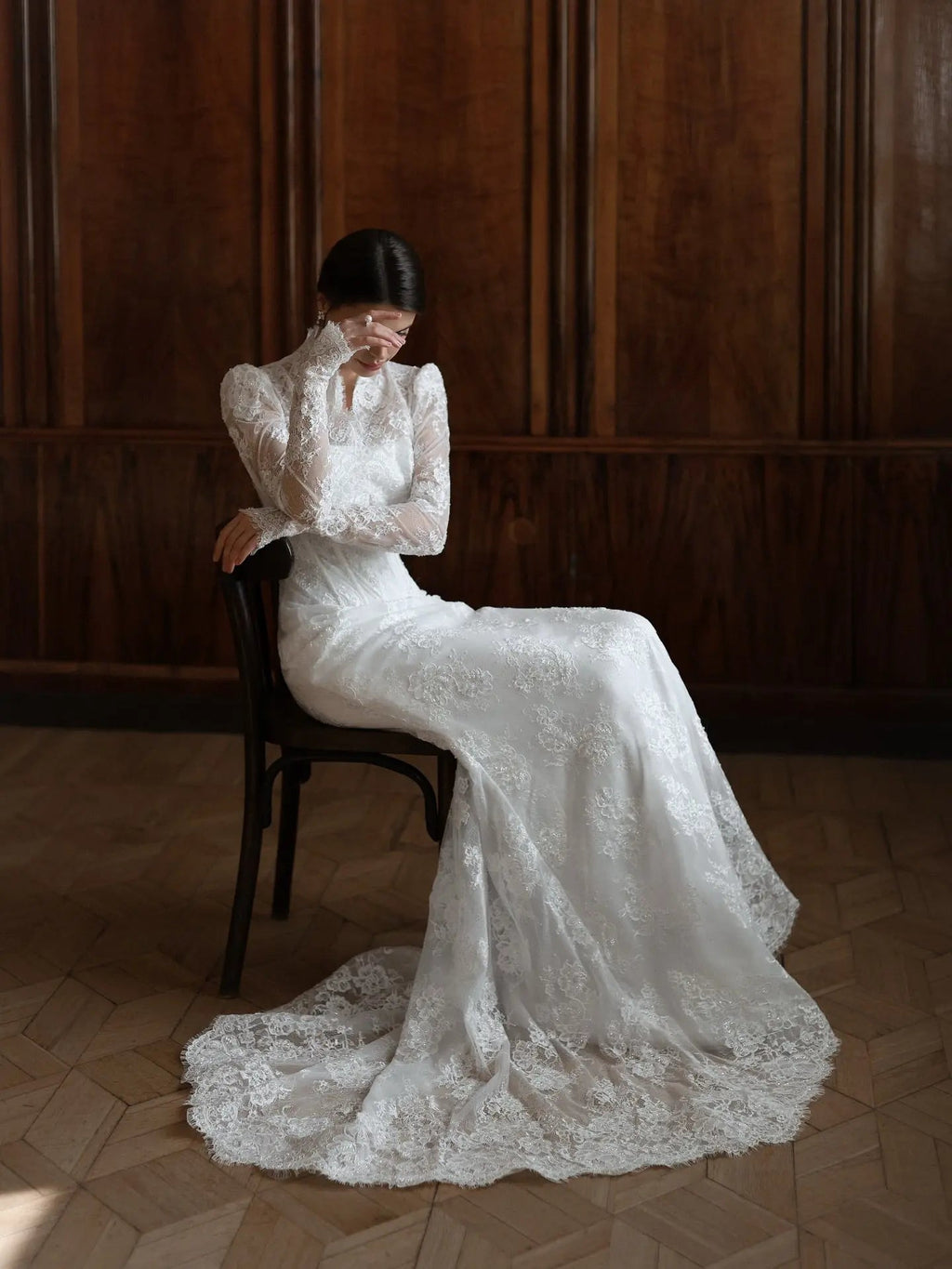 Elegant White Lace High Neck Long Sleeve A-Line Wedding Dress SW279
