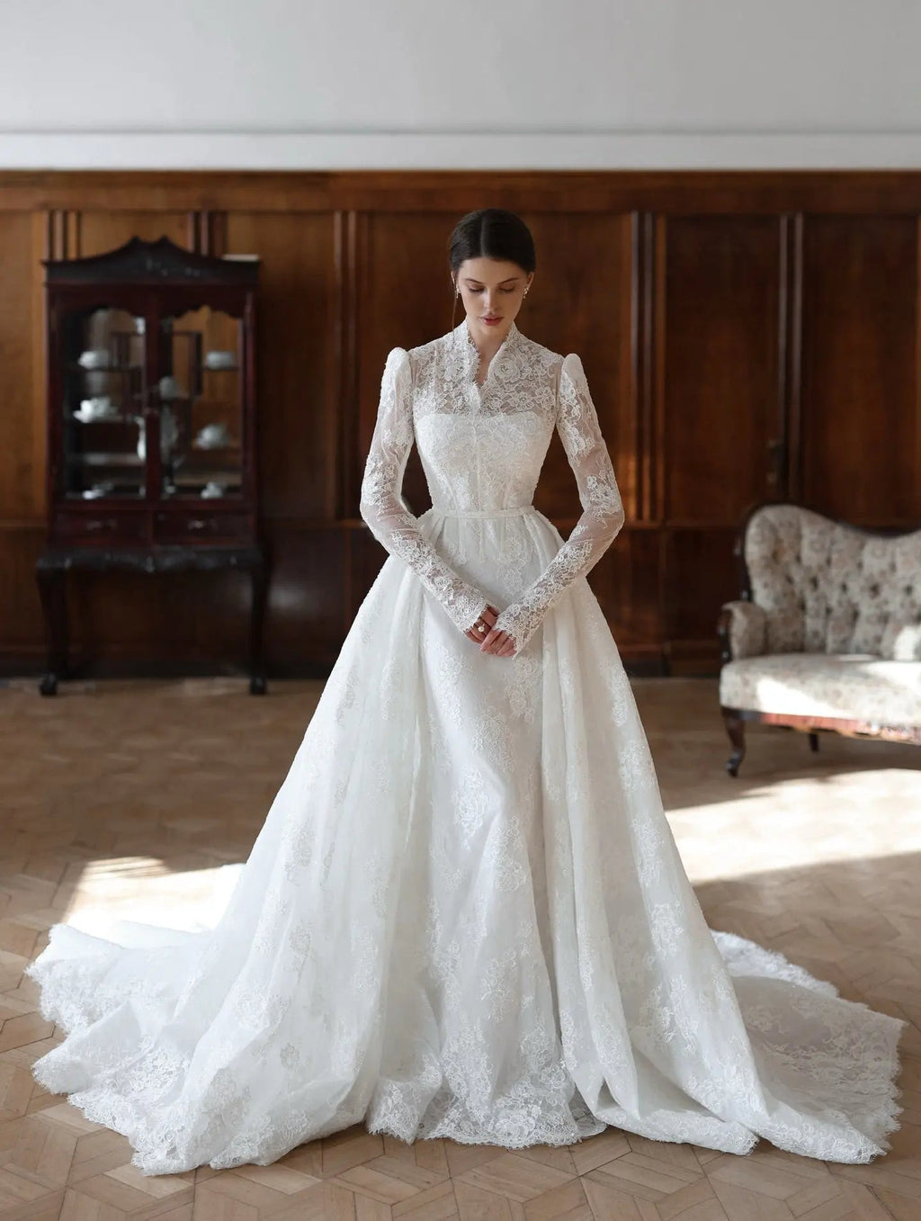 Elegant White Lace High Neck Long Sleeve A-Line Wedding Dress SW279