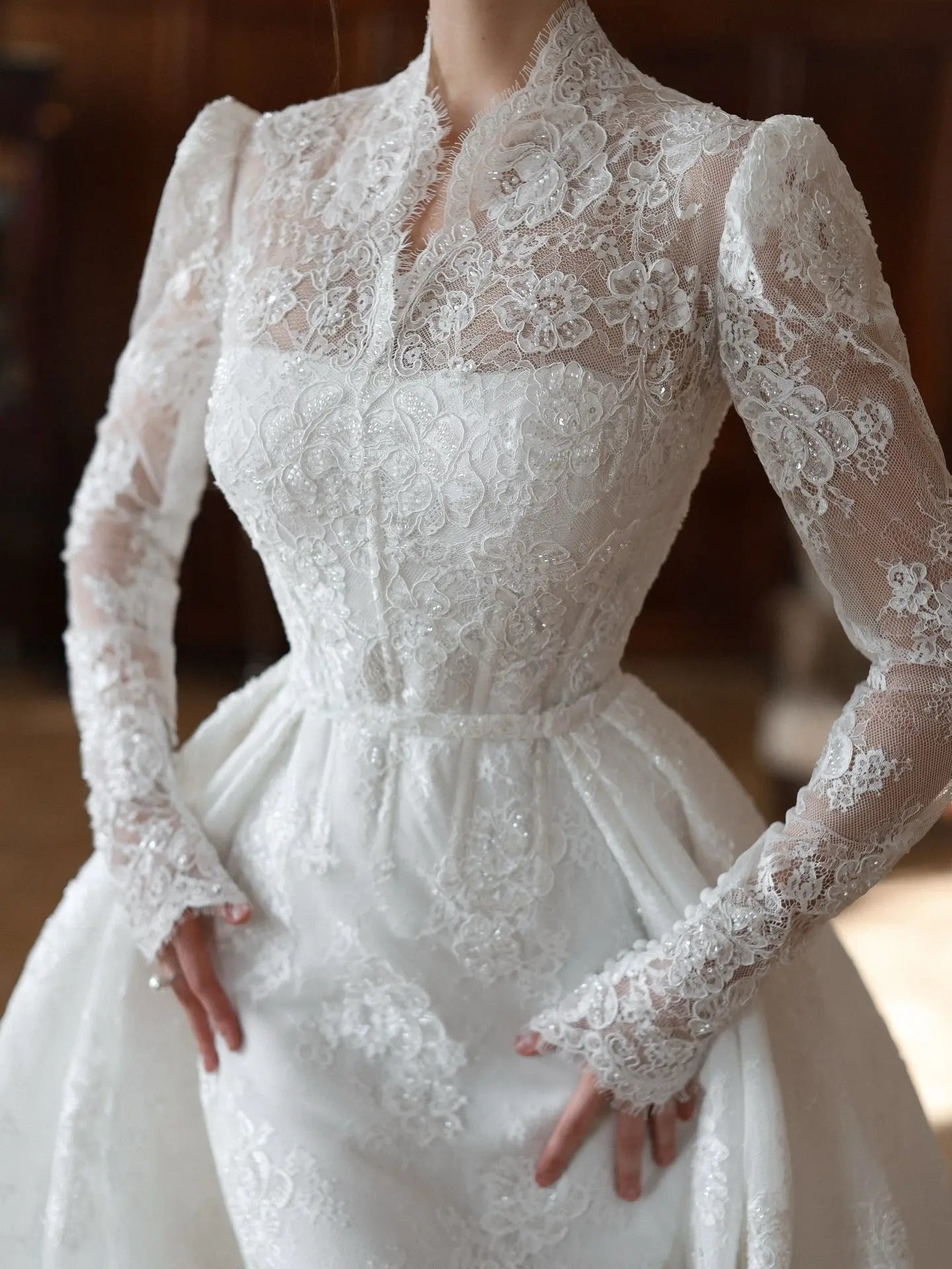 Elegant White Lace High Neck Long Sleeve A-Line Wedding Dress SW279