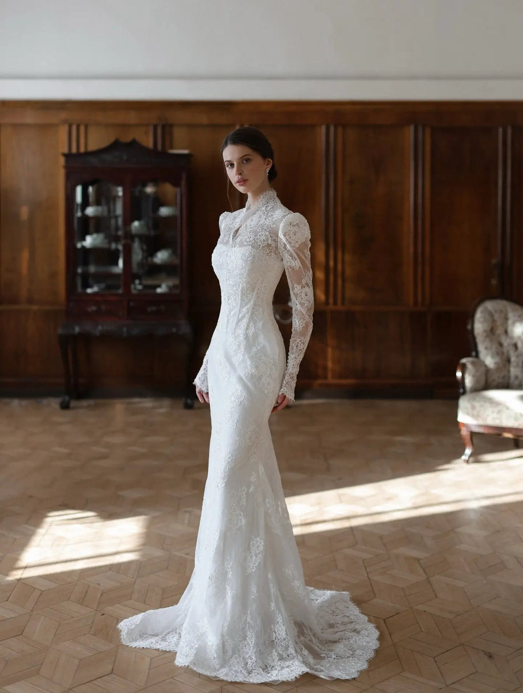 Elegant White Lace High Neck Long Sleeve A-Line Wedding Dress SW279