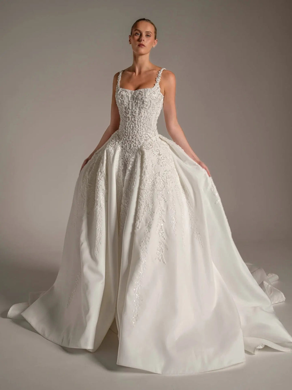 Luxury White Spaghetti Strap Beaded Satin Ball Gown Wedding Dress SW167