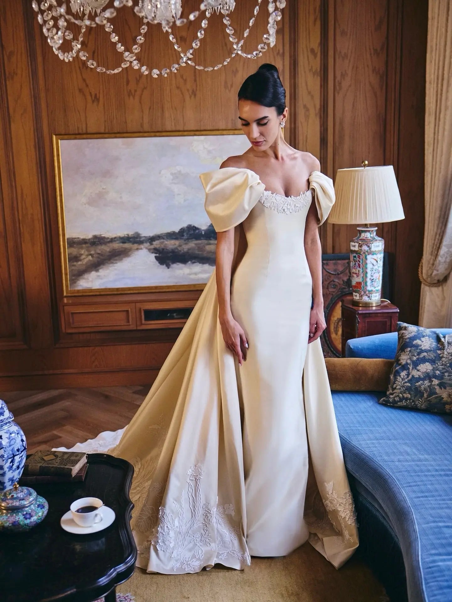 Luxury Ivory Off-the-Shoulder Satin Wedding Dress with Puff Sleeves SW230