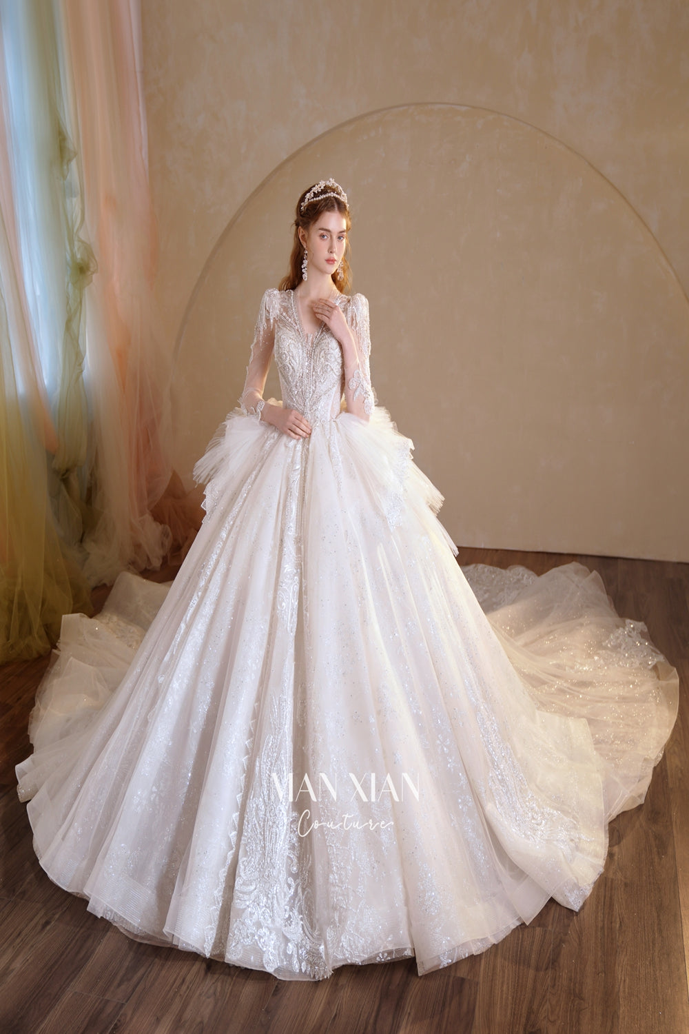 Luminous Ivory V-Neck Glitter Tulle Ball Gown with Beaded Lace, Sheer Sleeves & Draped Ruffle Train N001