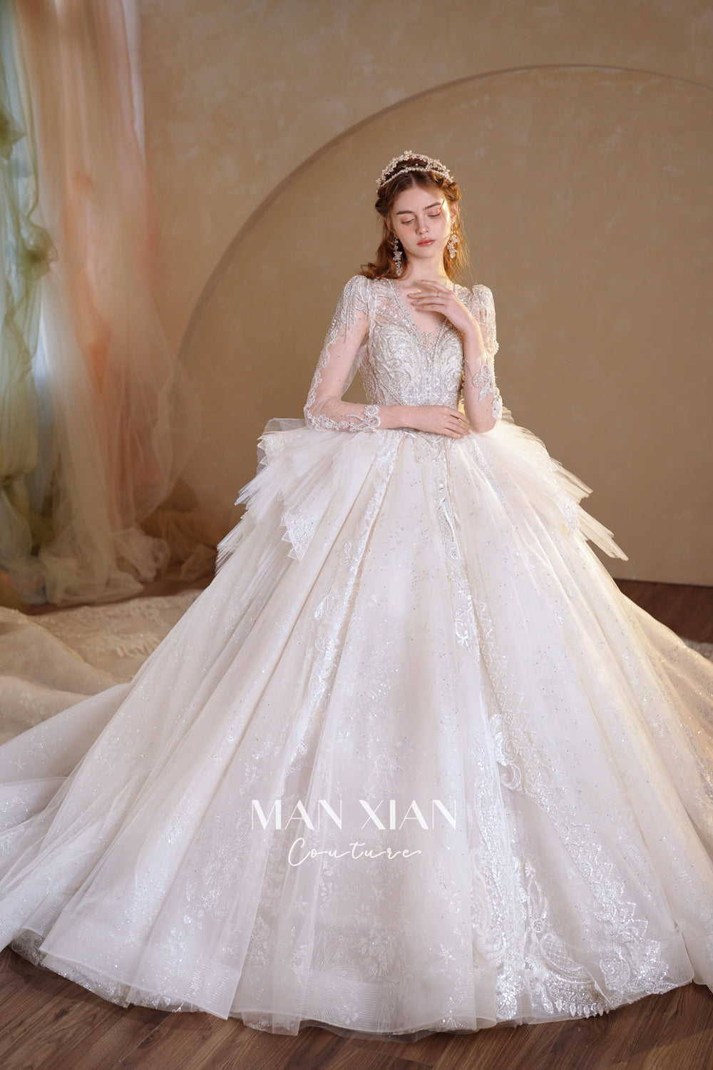 Luminous Ivory V-Neck Glitter Tulle Ball Gown with Beaded Lace, Sheer Sleeves & Draped Ruffle Train N001