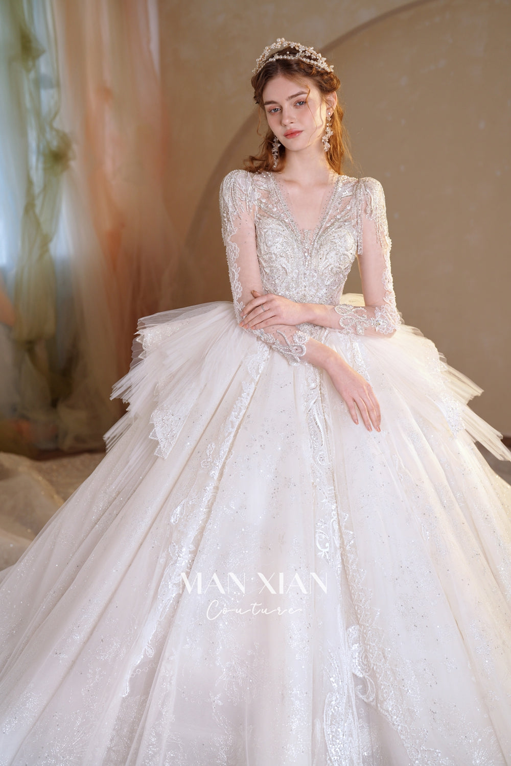 Luminous Ivory V-Neck Glitter Tulle Ball Gown with Beaded Lace, Sheer Sleeves & Draped Ruffle Train N001