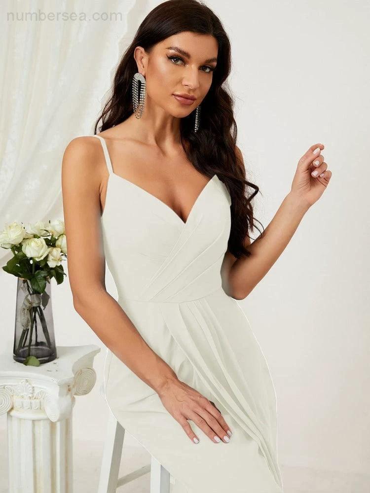 Numbersea Spaghetti Chiffon V Neck Bridesmaid Dress Mid-Length Slit Formal Prom Dress Homecoming Dress 2803 by numbersea