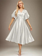 A-line V-Neck Tea-Length Stretch Satin Mother of the Bride Dress With Beading Pleated by Dreamylily