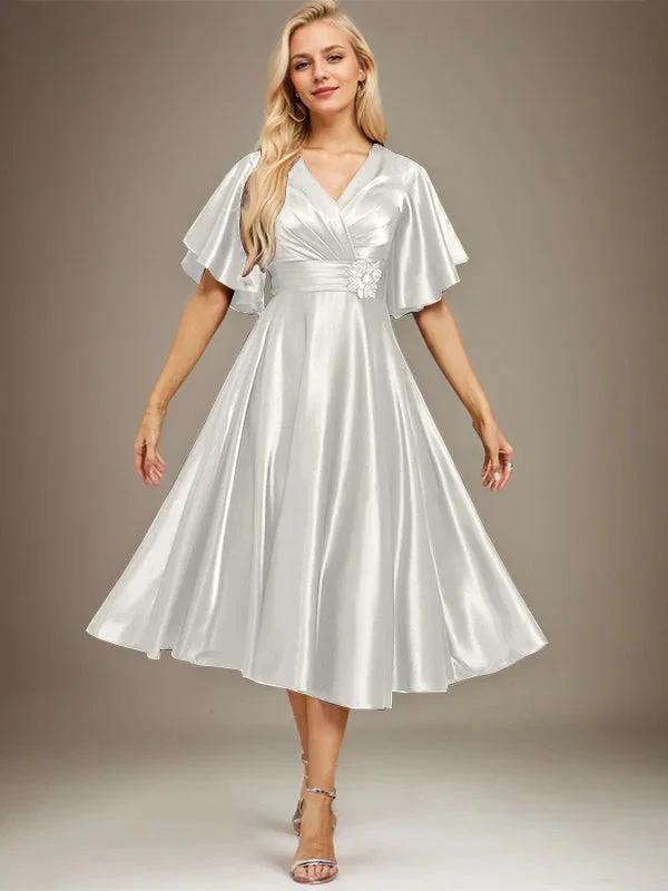 A-line V-Neck Tea-Length Stretch Satin Mother of the Bride Dress With Beading Pleated by Dreamylily