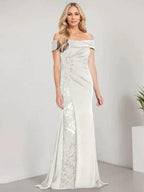 A-Line Off the Shoulder Floor-Length Mother of the Bride Dress Applique Beadings Mermaid Dress With High Split by Dreamylily