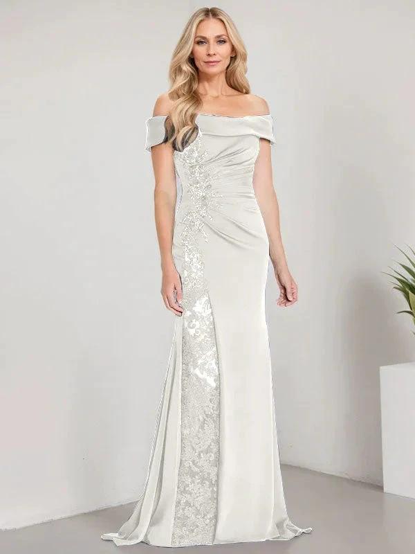 A-Line Off the Shoulder Floor-Length Mother of the Bride Dress Applique Beadings Mermaid Dress With High Split by Dreamylily