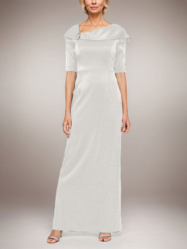 Long Shimmer Column Dress with Foldover Cuff L-Neckline and Elbow Sleeves