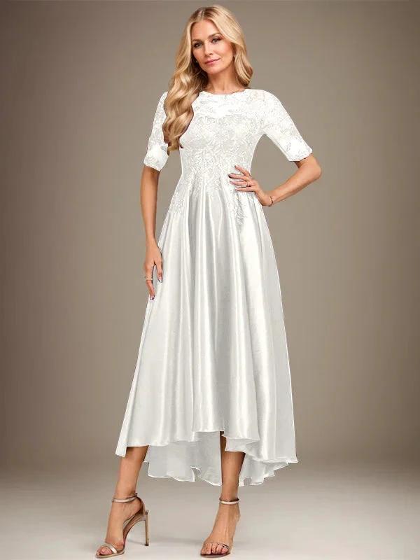 A-line Scoop Illusion Asymmetrical Stretch Satin Lace Mother of the Bride Dress With Sequins by Dreamylily