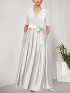 Surplice Neckline Ballgown with Full Satin Skirt & Jersey Bodice by Dreamylily