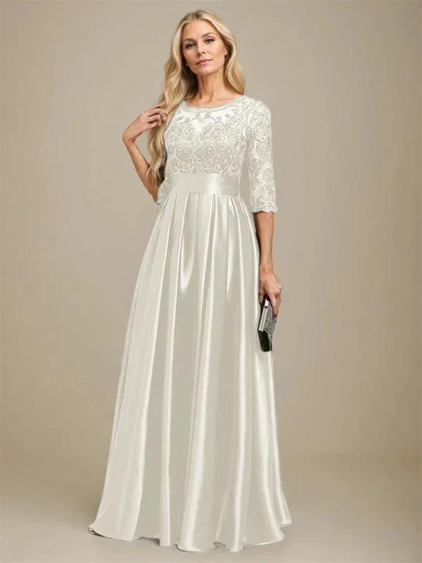 A-line Scoop Illusion Floor-Length Stretch Satin Lace Mother of the Bride Dress With Bow Sequins by Dreamylily