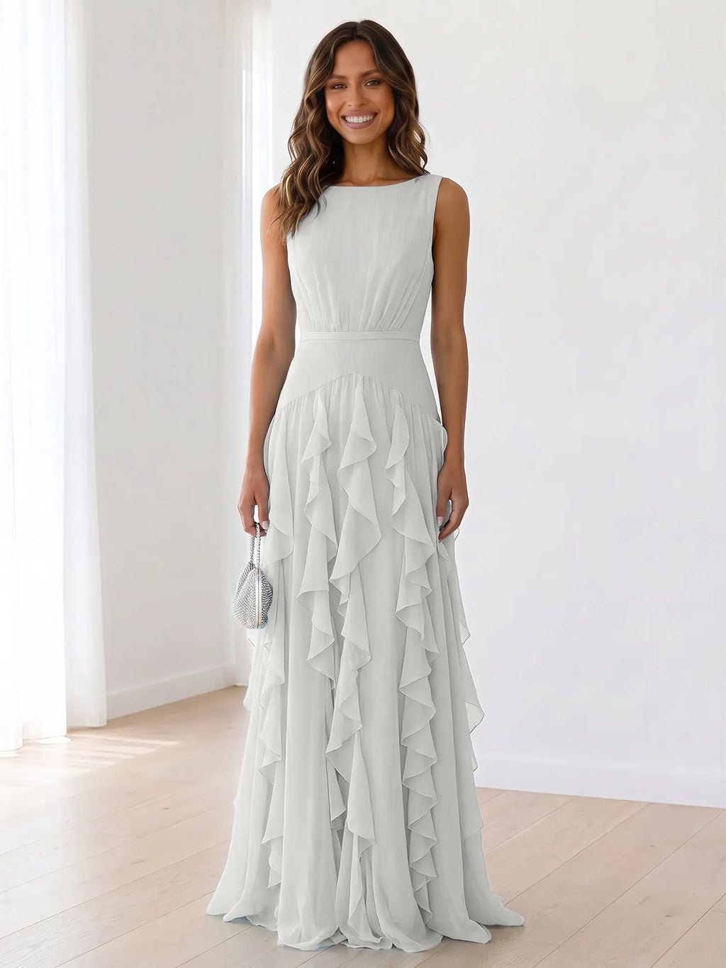 Sleeveless Tiered Chiffon Maxi Evening Gown with Ruched Bodice