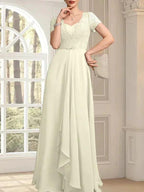 A-line Sweetheart Floor-Length Chiffon Lace Mother of the Bride Dress With Beading Cascading Ruffles by Dreamylily
