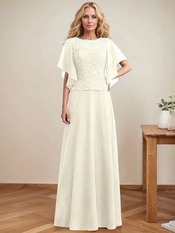 A-line Scoop Illusion Floor-Length Lace Chiffon Mother of the Bride Dress With Sequins by Dreamylily