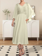 A-line V-Neck Tea-Length Chiffon Lace Mother of the Bride Dress With Beading Sequins by Dreamylily