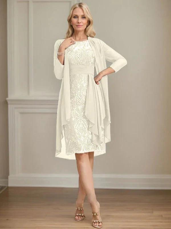 Sheath/Column Scoop Illusion Knee-Length Lace Chiffon Mother of the Bride Dress With Cascading Ruffles Sequins by Dreamylily