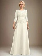A-line Scoop Illusion Floor-Length Chiffon Lace Mother of the Bride Dress With Pleated Sequins Beading by Dreamylily