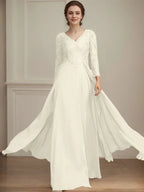 A-line V-Neck Floor-Length Lace Chiffon Mother of the Bride Dress With Sequins by Dreamylily