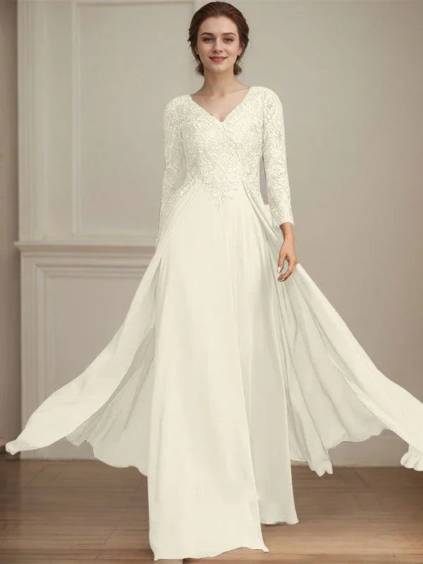 A-line V-Neck Floor-Length Lace Chiffon Mother of the Bride Dress With Sequins by Dreamylily