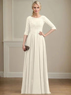 A-line Scoop Illusion Floor-Length Lace Chiffon Mother of the Bride Dress With Sequins by Dreamylily