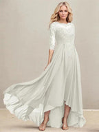A-line Scoop Illusion Asymmetrical Lace Chiffon Mother of the Bride Dress With Pleated Sequins by Dreamylily