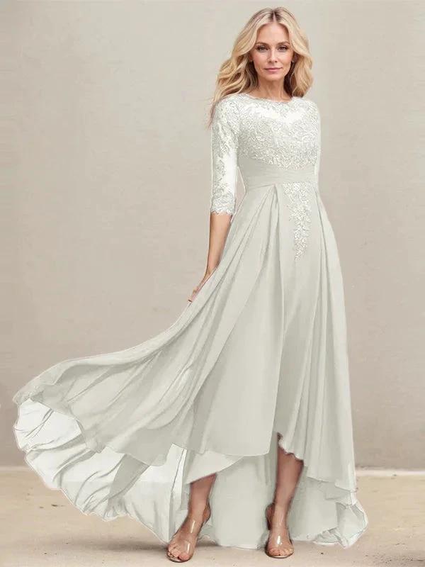 A-line Scoop Illusion Asymmetrical Lace Chiffon Mother of the Bride Dress With Pleated Sequins by Dreamylily