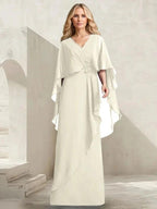 A-line V-Neck Floor-Length Chiffon Mother of the Bride Dress With Cascading Ruffles Beading by Dreamylily