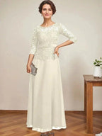 A-line Scoop Illusion Ankle-Length Chiffon Lace Mother of the Bride Dress With Rhinestone Beading by Dreamylily