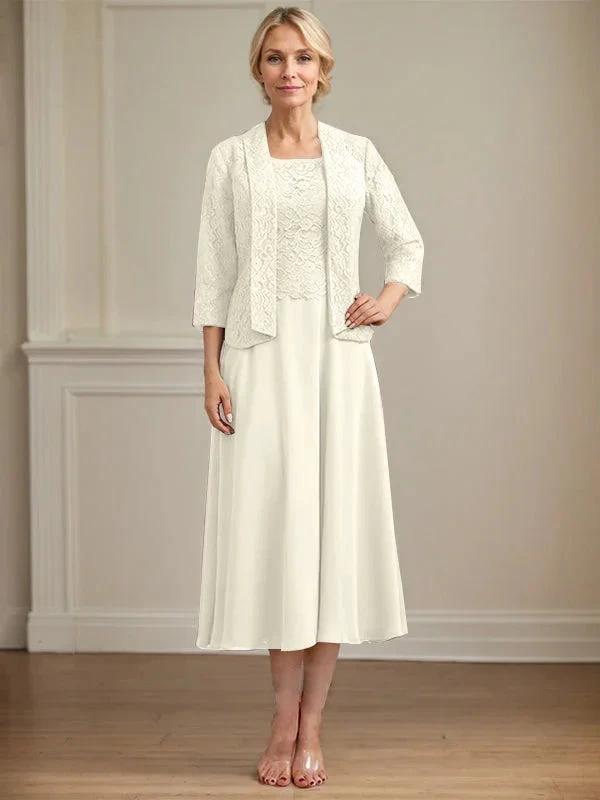 A-line Scoop Tea-Length Lace Chiffon Mother of the Bride Dress by Dreamylily