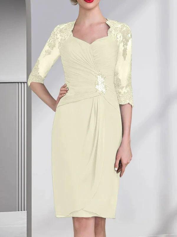 Sheath/Column Sweetheart Knee-Length Chiffon Mother of the Bride Dress With Beading Appliques Lace Sequins Pleated by Dreamylily