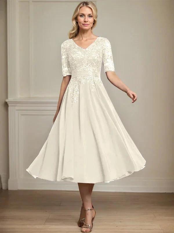 A-line V-Neck Tea-Length Lace Chiffon Mother of the Bride Dress With Sequins by Dreamylily