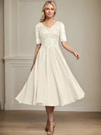 A-line V-Neck Tea-Length Lace Chiffon Mother of the Bride Dress With Sequins by Dreamylily