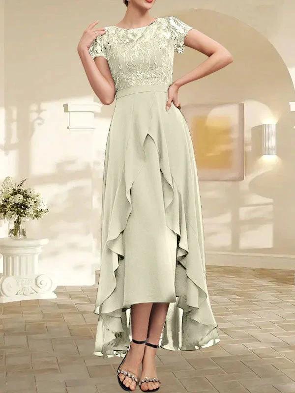 A-line Scoop Illusion Asymmetrical Chiffon Lace Mother of the Bride Dress With Bow Ruffle Sequins by Dreamylily