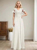 A-line V-Neck Floor-Length Lace Chiffon Mother of the Bride Dress With Sequins by Dreamylily
