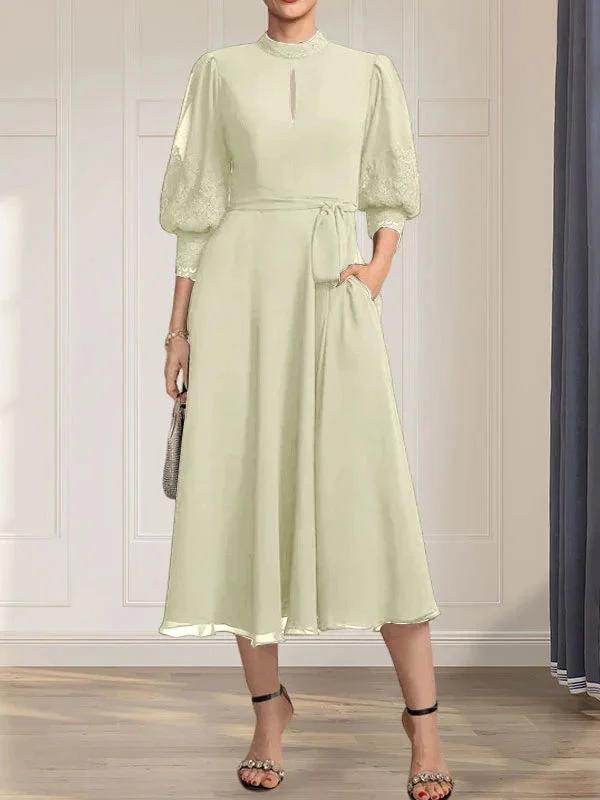 A-line High Neck Tea-Length Lace Chiffon Mother of the Bride Dress With Bow by Dreamylily