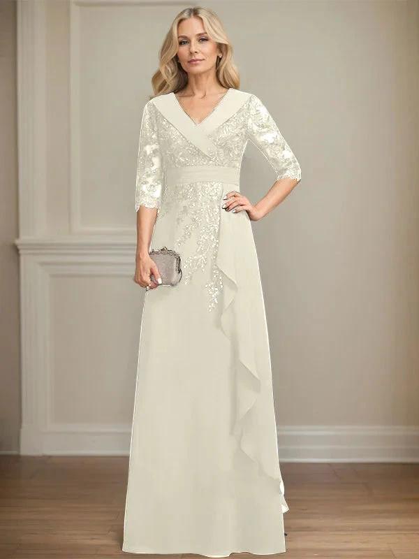 A-line Collared V-Neck Floor-Length Lace Chiffon Mother of the Bride Dress With Sequins Cascading Ruffles by Dreamylily