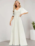A-line V-Neck Floor-Length Lace Chiffon Mother of the Bride Dress With Sequins by Dreamylily