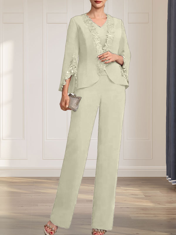 Separates Jumpsuit/Pantsuit V-Neck Floor-Length Chiffon Mother of the Bride Dress