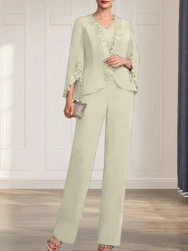 Separates Jumpsuit/Pantsuit V-Neck Floor-Length Chiffon Mother of the Bride Dress by Dreamylily