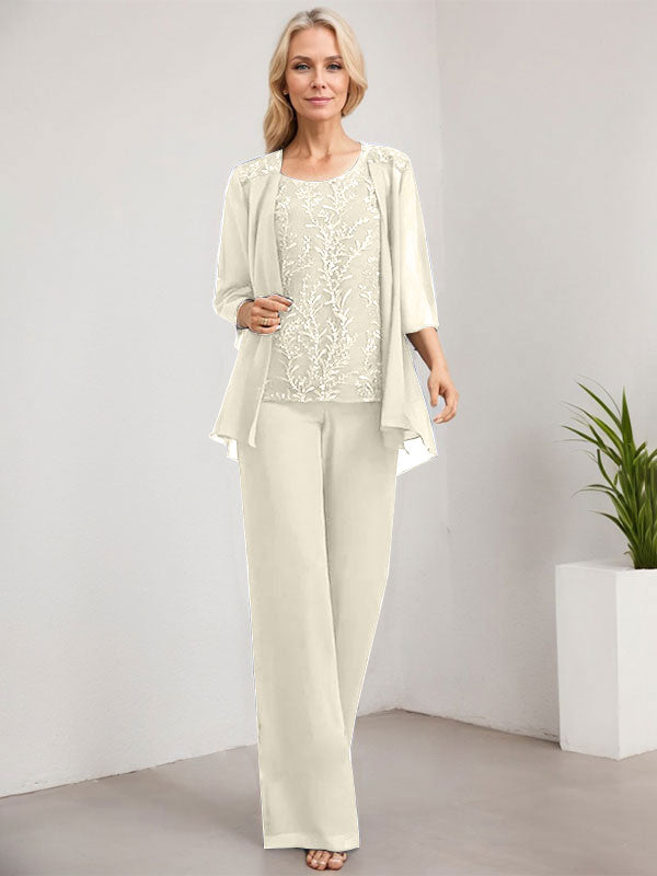 Separates Jumpsuit/Pantsuit Scoop Floor-Length Lace Chiffon Mother of the Bride Dress With Sequins