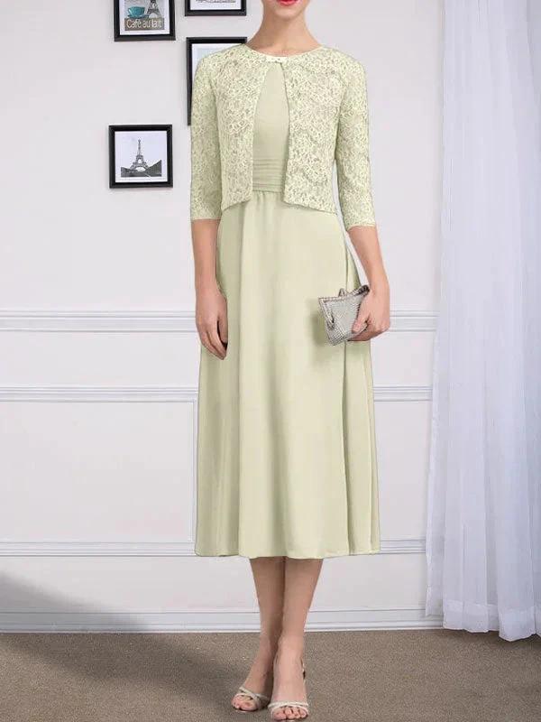 A-line Scoop Tea-Length Chiffon Mother of the Bride Dress With Pleated by Dreamylily