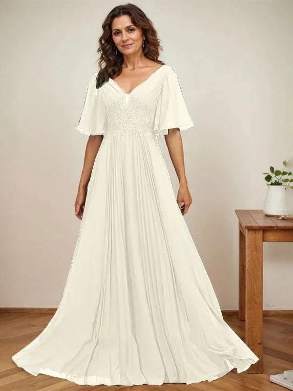 A-line V-Neck Floor-Length Chiffon Mother of the Bride Dress With Sequins Appliques Lace Pleated by Dreamylily