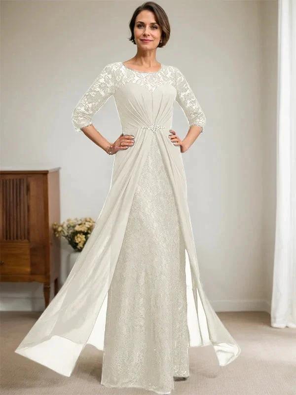 A-Line Scoop Illusion Floor-Length Lace Chiffon Mother Of the Bride Dress With Beading Ruffles by Dreamylily