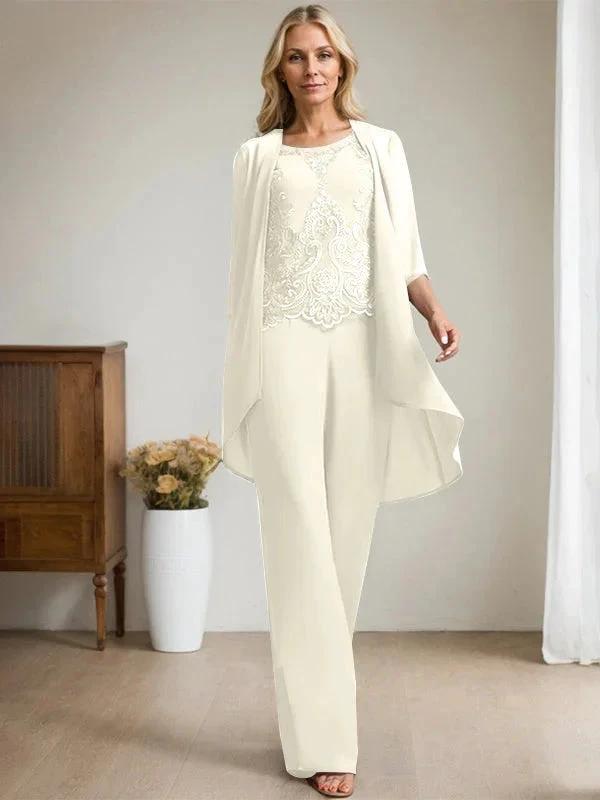 Separates Jumpsuit/Pantsuit Scoop Floor-Length Chiffon Lace Mother of the Bride Dress With Beading Sequins by Dreamylily