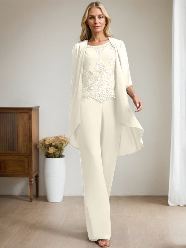 Separates Jumpsuit/Pantsuit Scoop Floor-Length Chiffon Lace Mother of the Bride Dress With Beading Sequins
